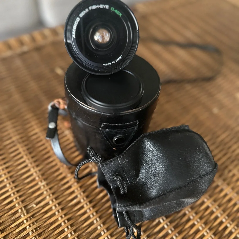 Ambico semi fish-eye 0.42x lens with vintage leather canon case